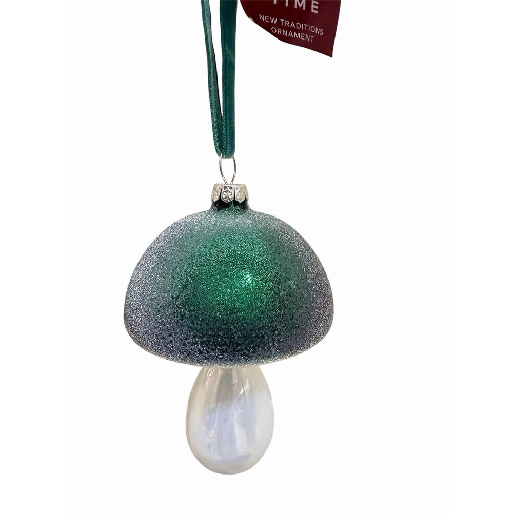 Place & Time Frosty Mushroom Glass Ornaments Christmas Decor Green Red 5” Pair - Picture 6 of 6